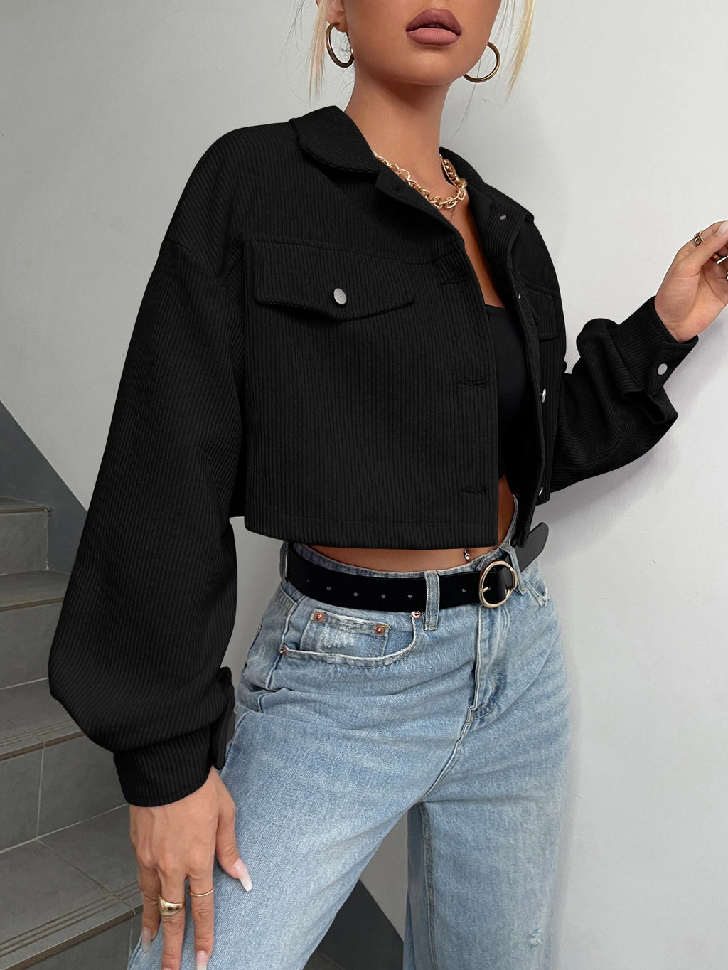 Ezwear Spring Outfits Drop Shoulder Flap Detail Crop Corduroy Jacket in Fall/Winter