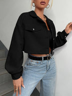 Ezwear Spring Outfits Drop Shoulder Flap Detail Crop Corduroy Jacket in Fall/Winter