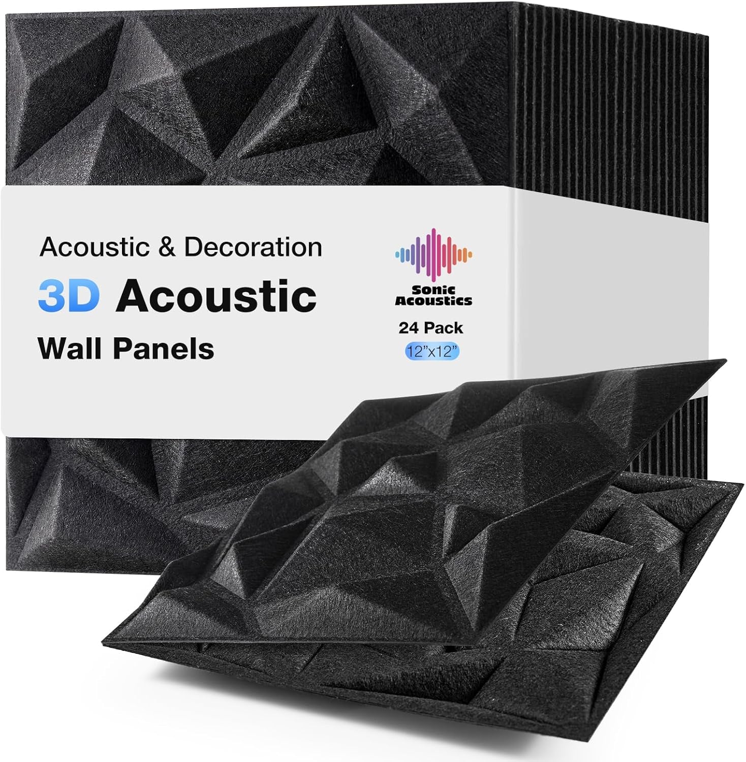Acoustic 3D Wall Panels,24 Pack Sound Proof Felt Panels for Interior Wall Décor, Hollow Sound Absorbing Panel for Studio, Living Room, Home, Hotel, 12''X12'' Cover 24 Sq Ft (Black, 24 Pack)