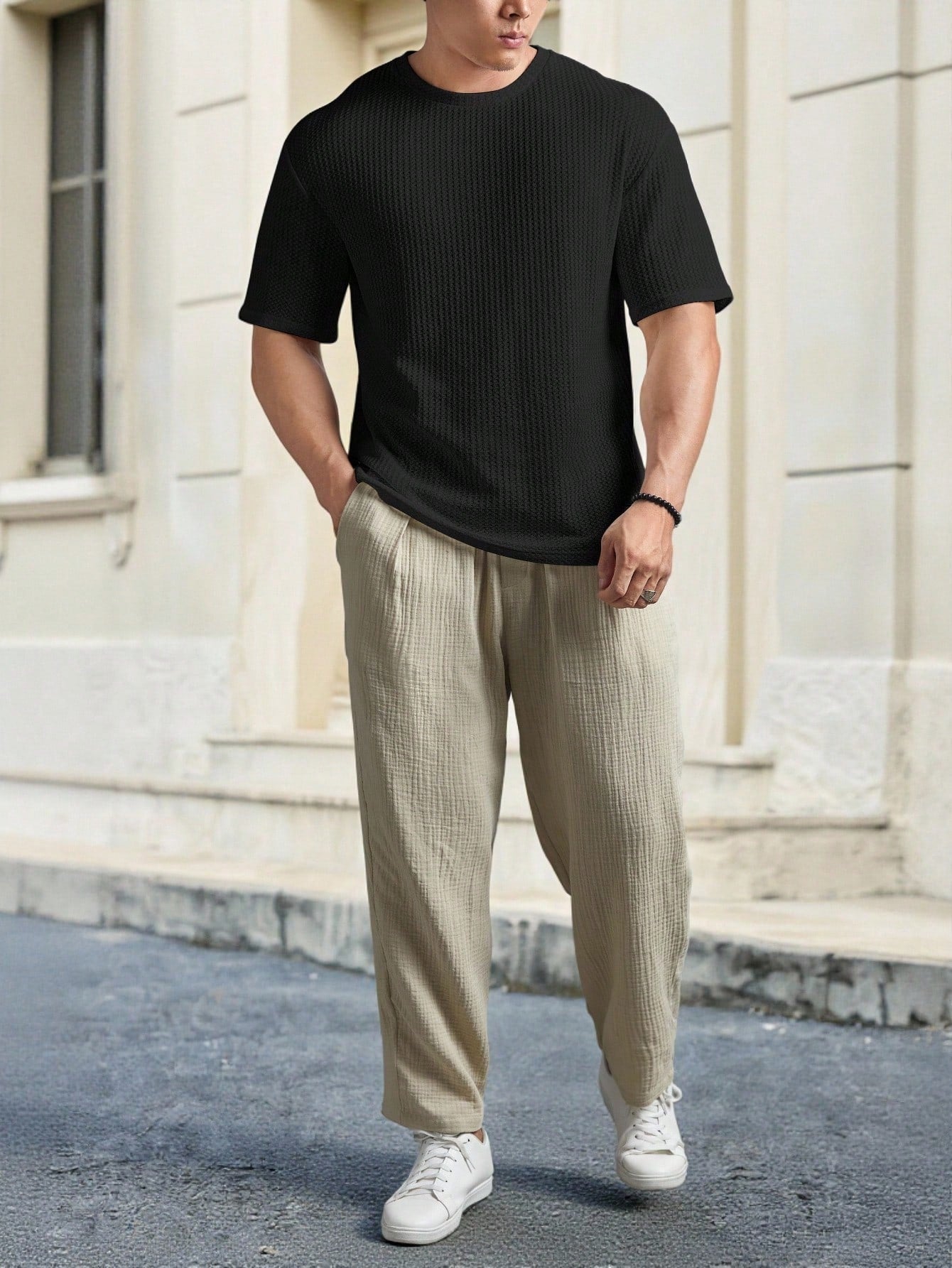 Manfinity BRENVOR Loose Fit Men Solid Waffle Knit round Neck Casual T-Shirt