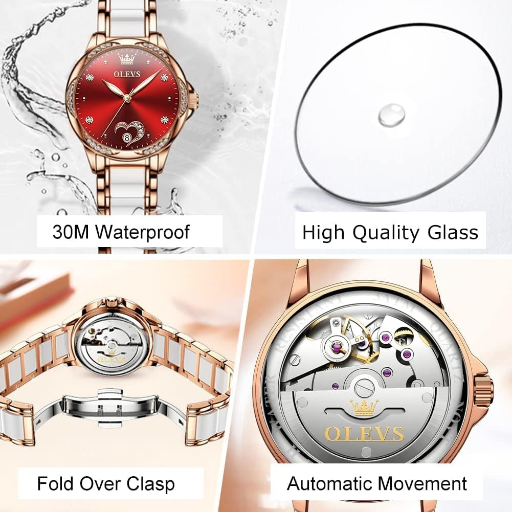 Womens Automatic Watch, Premium Large Face Diamond Accented Self Winding Watches for Women, Fashion Waterproof Ladies Dress Watch, Two Tone Stainless Steel Ceramic Bracelet