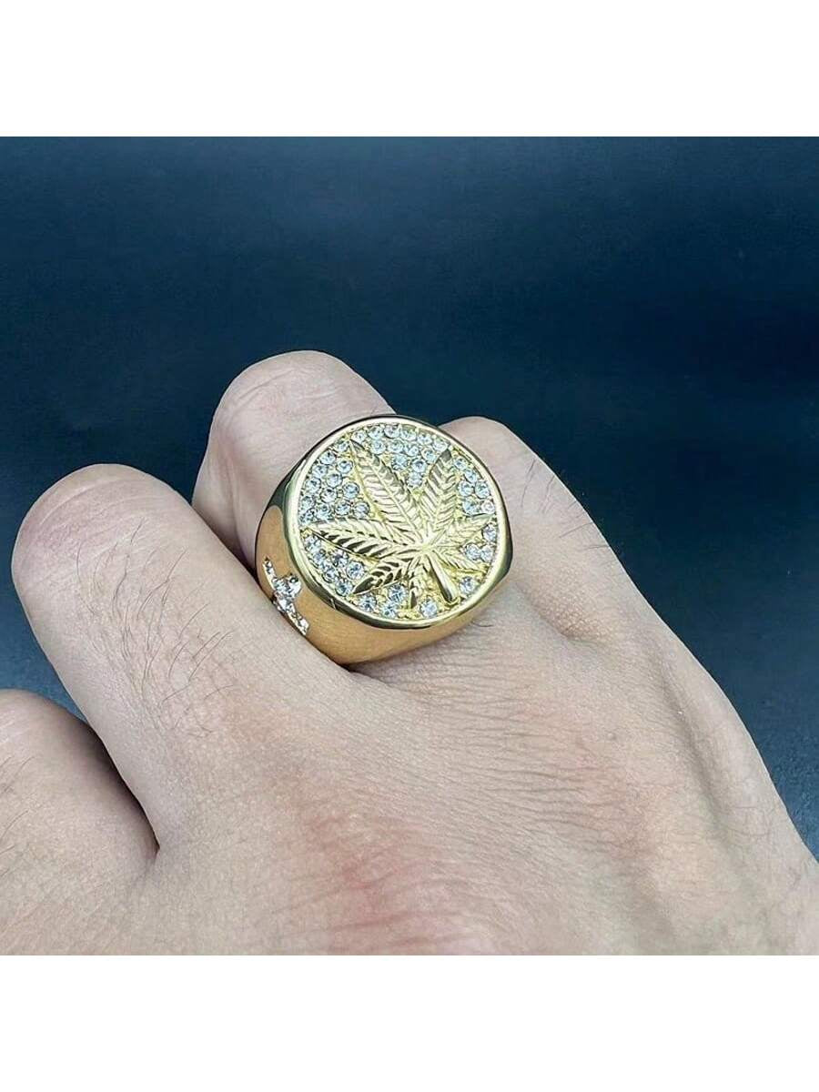 Hip Hop Maple Leaf Rhinestone Men'S Ring - Hip Hop Style Alloy Single Ring with Rhinestone Mosaic, Non-Plated Fashion Jewelry Statement Piece - for Men - Suitable for Parties & Everyday Wear - Perfect Gift for Fashion Lovers