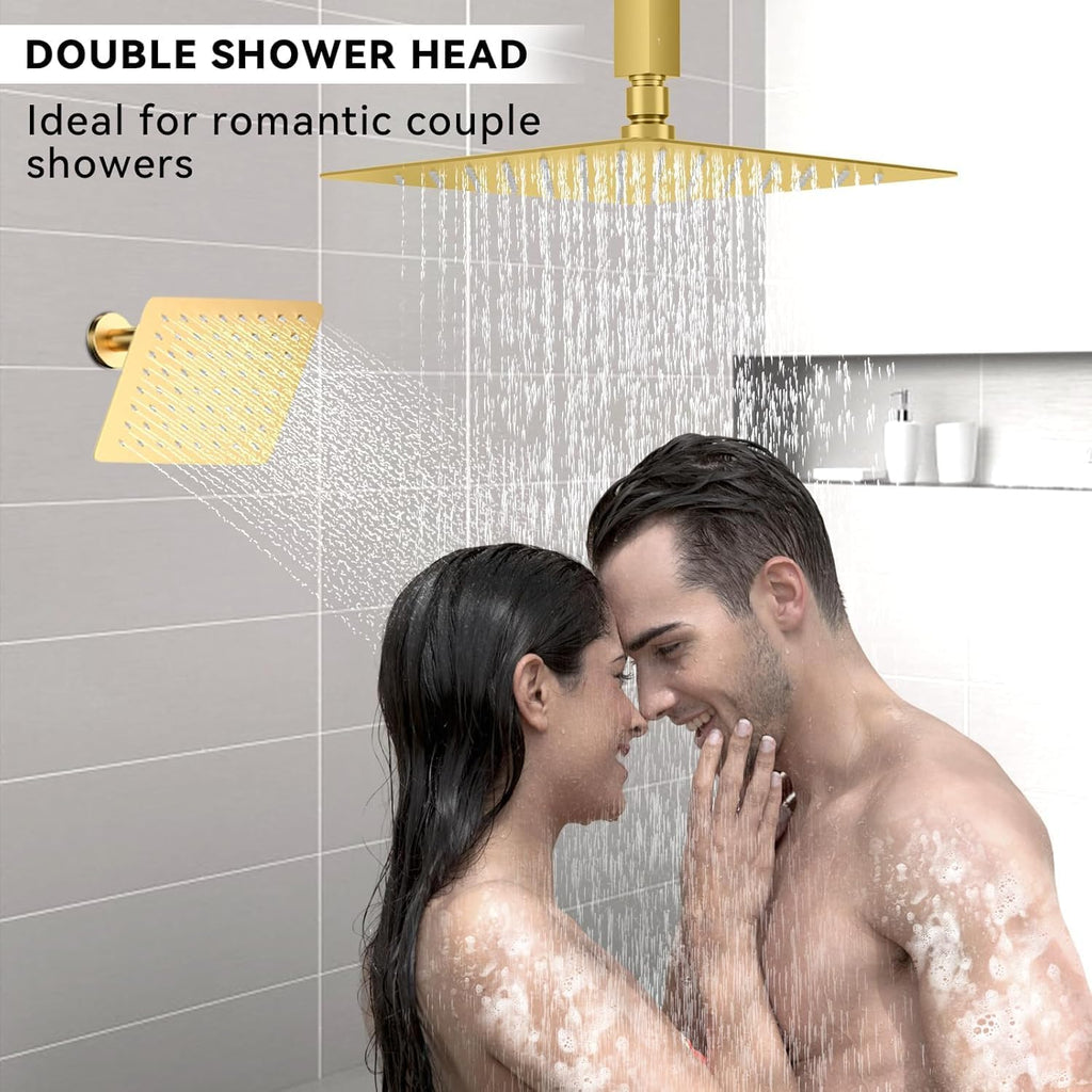 Brushed Gold Shower System,  Ceiling Mounted 12+8 Inch Rainfall Shower Head with 2 in 1 High Pressure Handheld, Can Use All at Once, Push Button Diverter Pressure Balancing Valve with Trim Kit