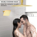 Brushed Gold Shower System,  Ceiling Mounted 12+8 Inch Rainfall Shower Head with 2 in 1 High Pressure Handheld, Can Use All at Once, Push Button Diverter Pressure Balancing Valve with Trim Kit