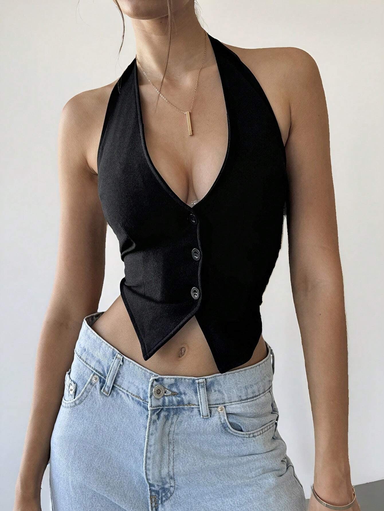 PETITE Ladies Solid Color Sleeveless Backless Neck-Hanging Summer Top