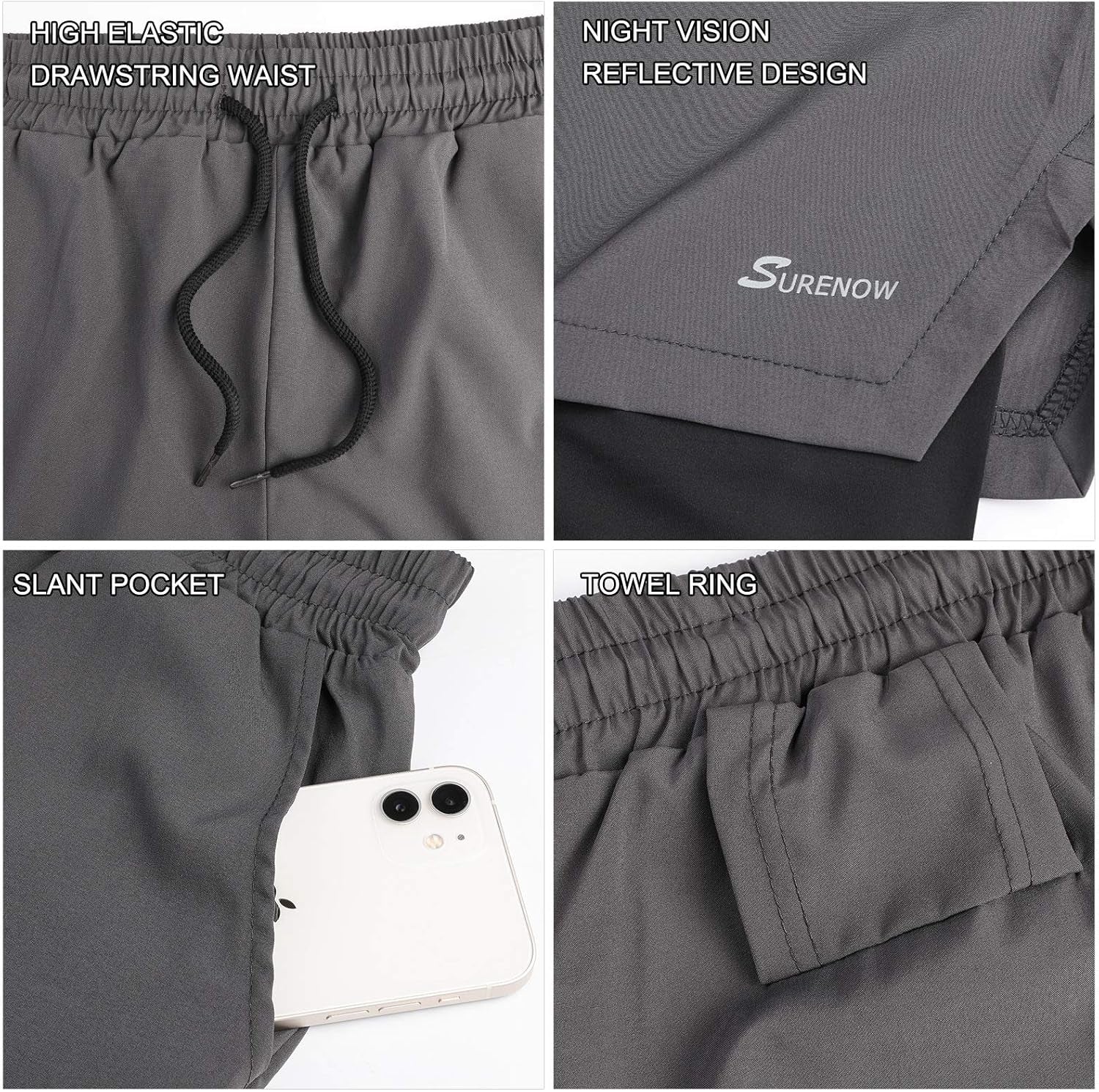 Mens 2 in 1 Running Shorts Quick Dry Athletic Shorts with Liner, Workout Shorts with Zip Pockets and Towel Loop