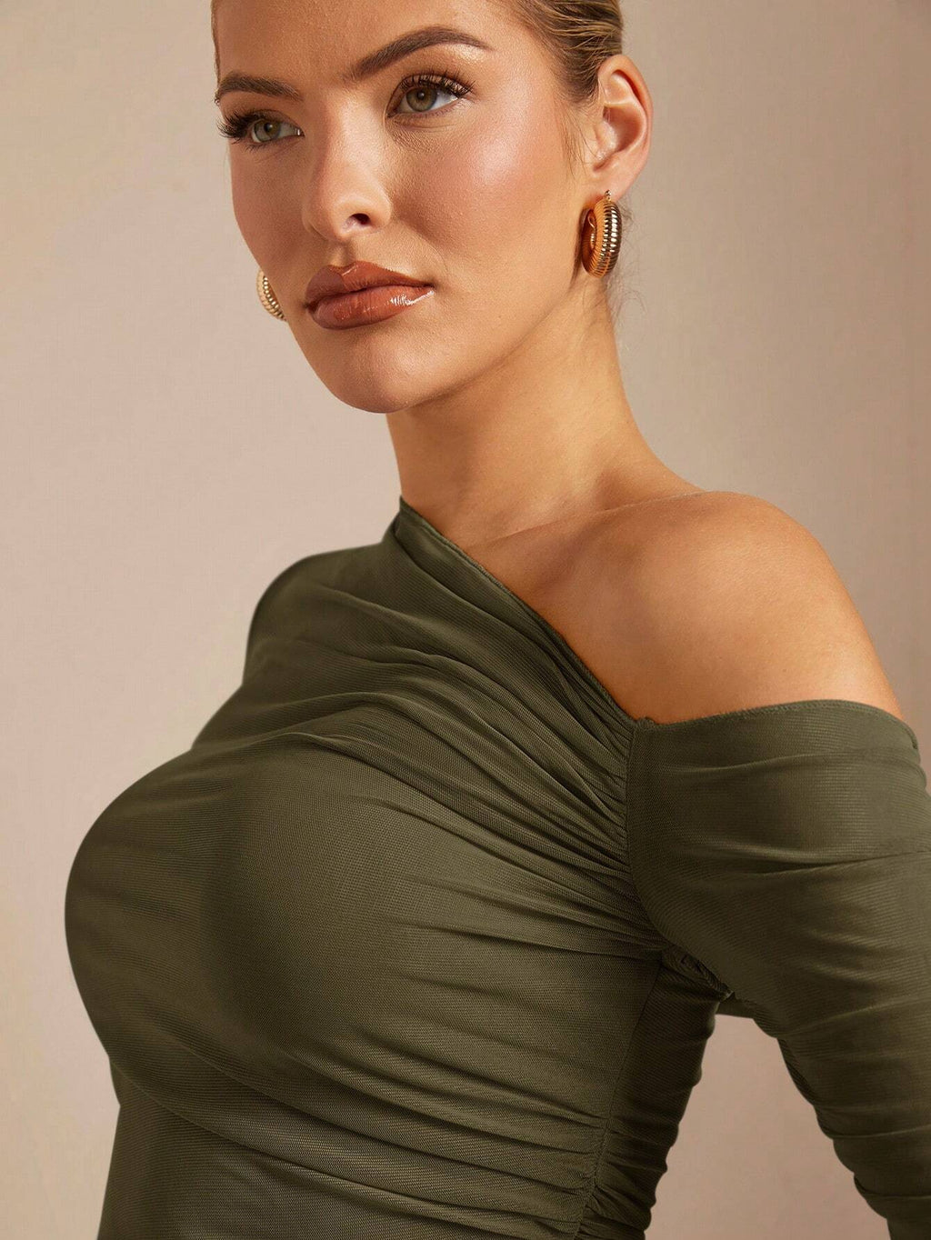 BAE 1Pc Women Solid Asymmetric Draped Sheer Fitted Long Sleeve Top