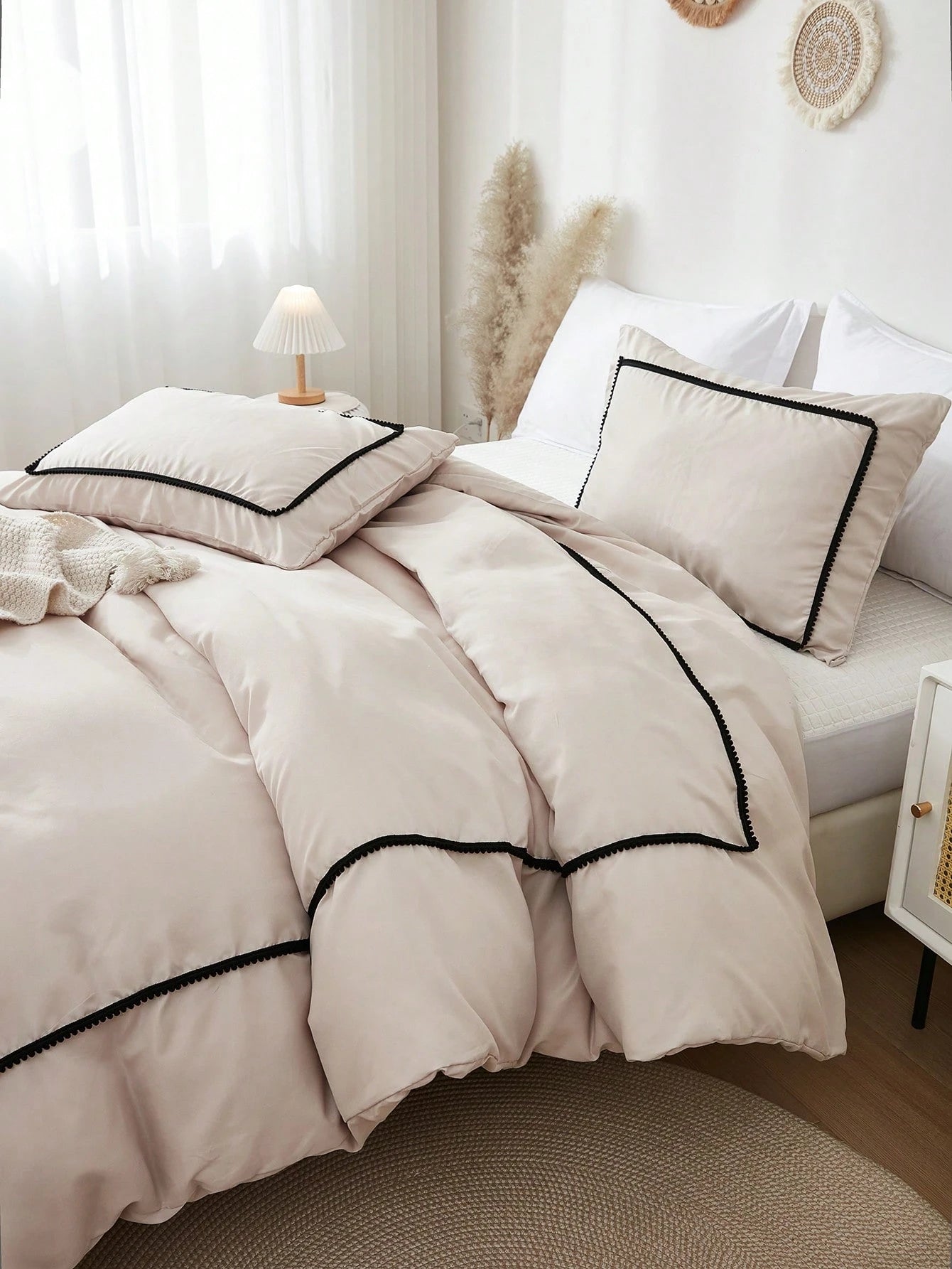 Beige Duvet Cover Set Boho Farmhouse Bedding Set 3 Pieces Mini Black Pom Pom Decor Beige Comforter Cover Soft Microfiber Pom Pom Comforter Cover for Boys Girls 1 Duvet Cover 2 Pillowcases No Comforter
