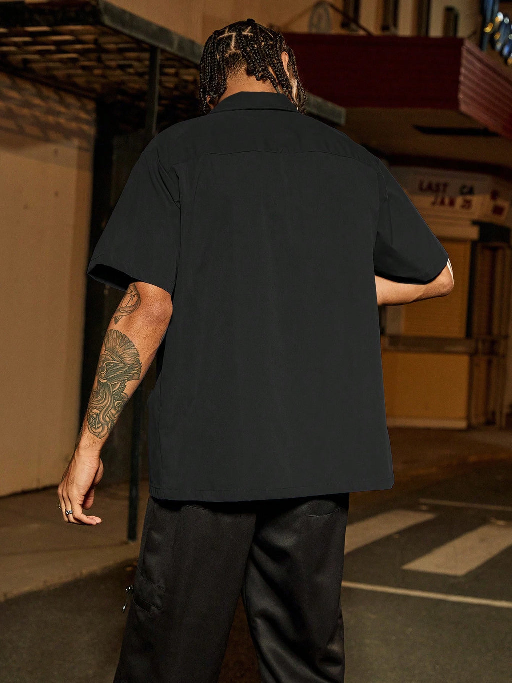 PAVTROS Manfinity Streetrush Manfinity Streetrush Men'S Loose Fit Utility Pocket Design Casual Shirt, Blue Button-Up Short Sleeve Shirt, Multi Pocket Casual Shirt, Graphic Los Angeles Reviewer Mechanic Shirt