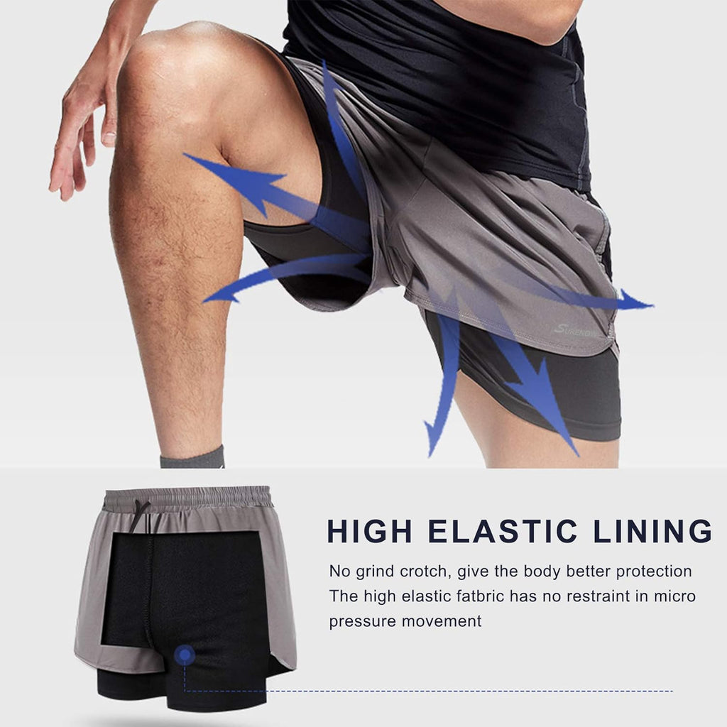 Mens 2 in 1 Running Shorts Quick Dry Athletic Shorts with Liner, Workout Shorts with Zip Pockets and Towel Loop