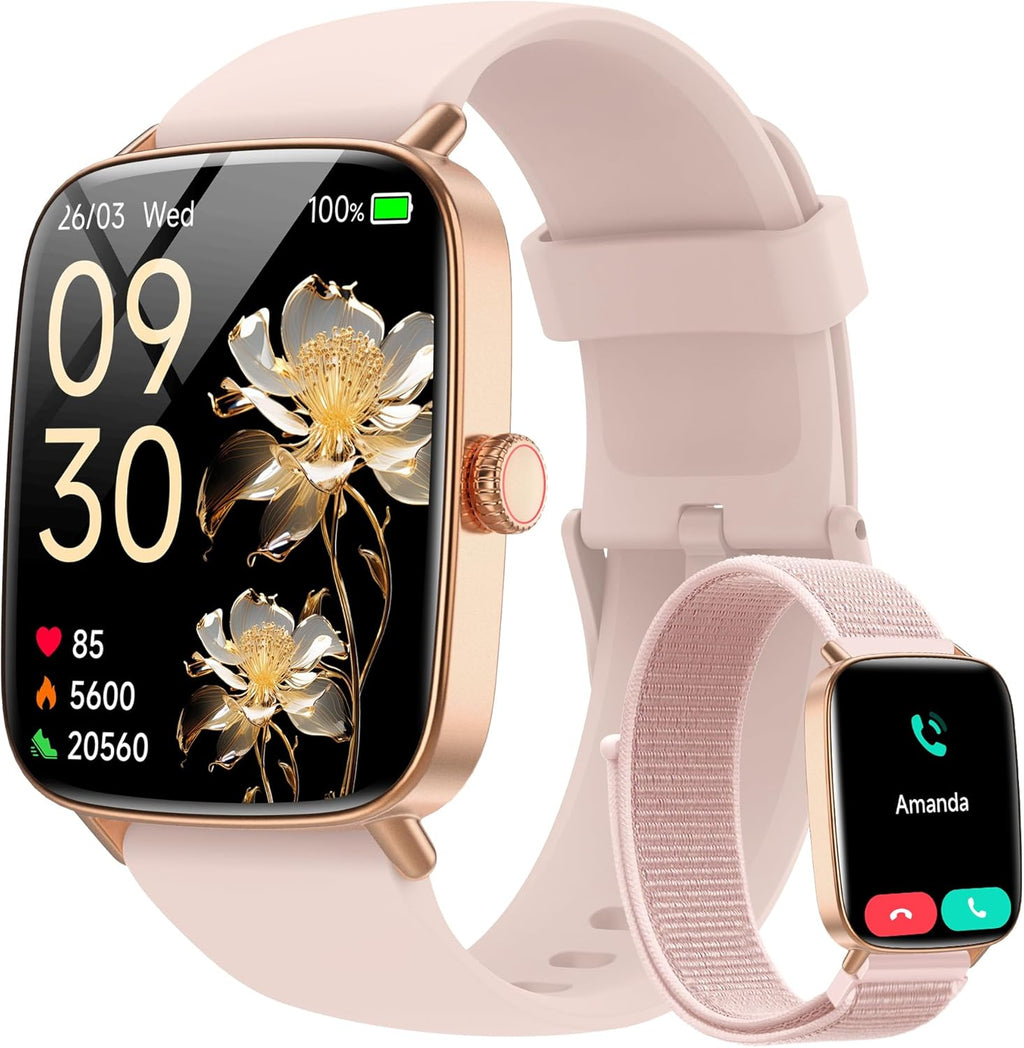 Smart Watch for Women, 1.85" HD Dynamic Dial Smartwatch for Android & Iphone with Answer/Make Call, Fitness Tracker with 110+ Sport Modes, Heart Rate/Spo2/Sleep Monitor, IP68 Waterproof (2 Bands)