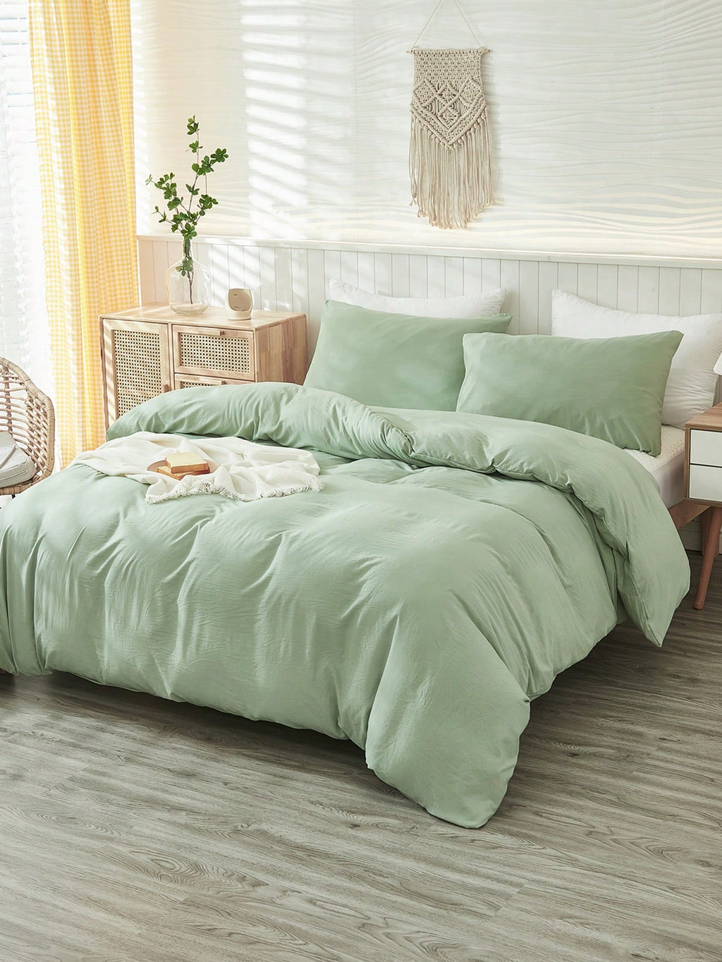 3Pcs Plain Green Duvet Cover Set, Boho Farmhouse Bedding Decor, Soft Microfiber Comforter Cover for Boys & Girls (1 Duvet Cover + 2 Pillowcases No Insert), School Dorm Essentials, Cozy Aesthetic,