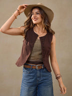 Wildy Casual Vacation French Retro Coffee Color Cotton Cardigan Cotton Brown Tops Office Outfits for Women Western Wear Women Brown Top Brown Tops Business Casual Woman Casual Tops Frenchy Tank Tops Western