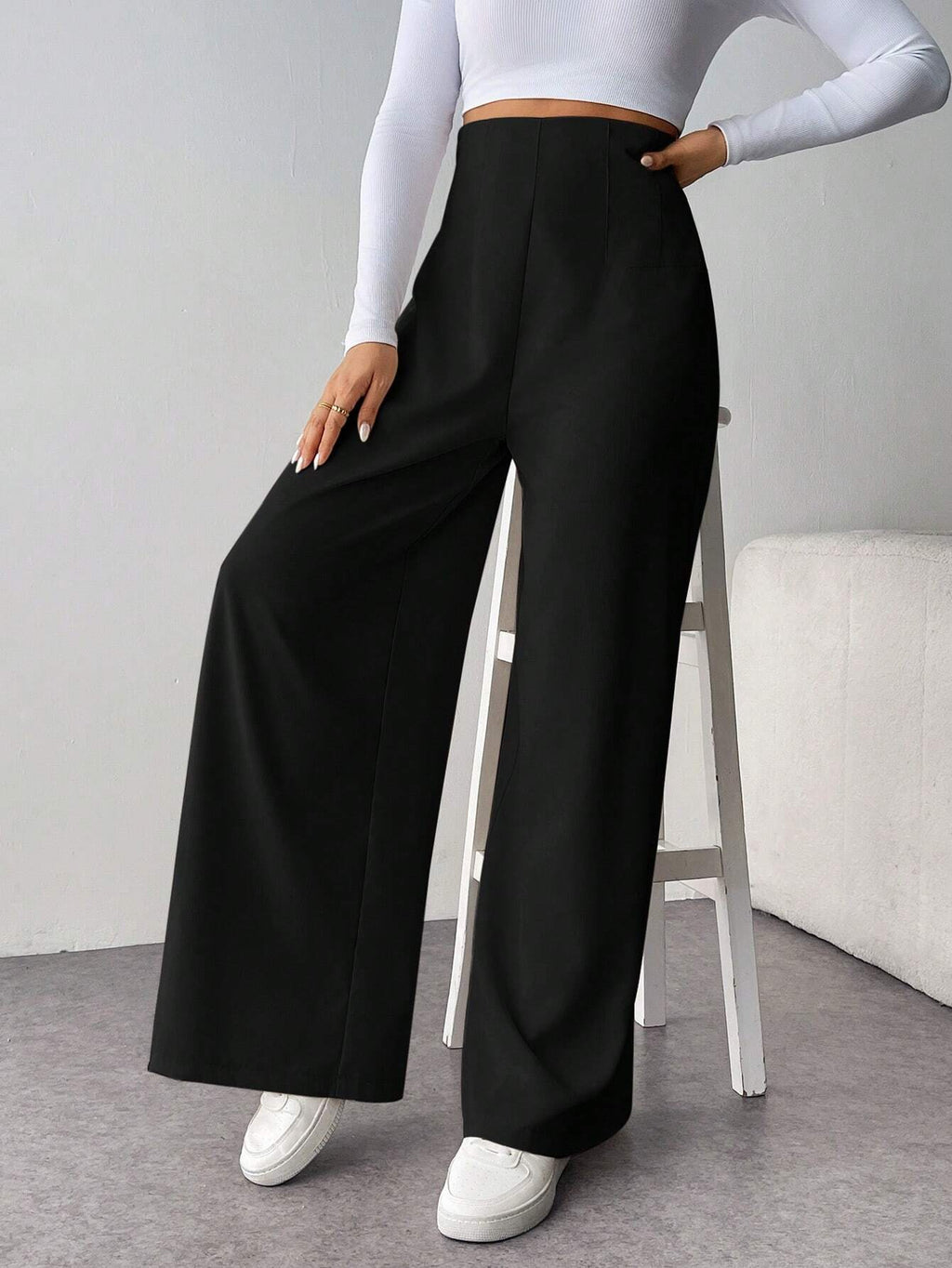 Firerie Women Minimalist Casual Fashion Back-To-School High Waist Textured Wide Leg Pants