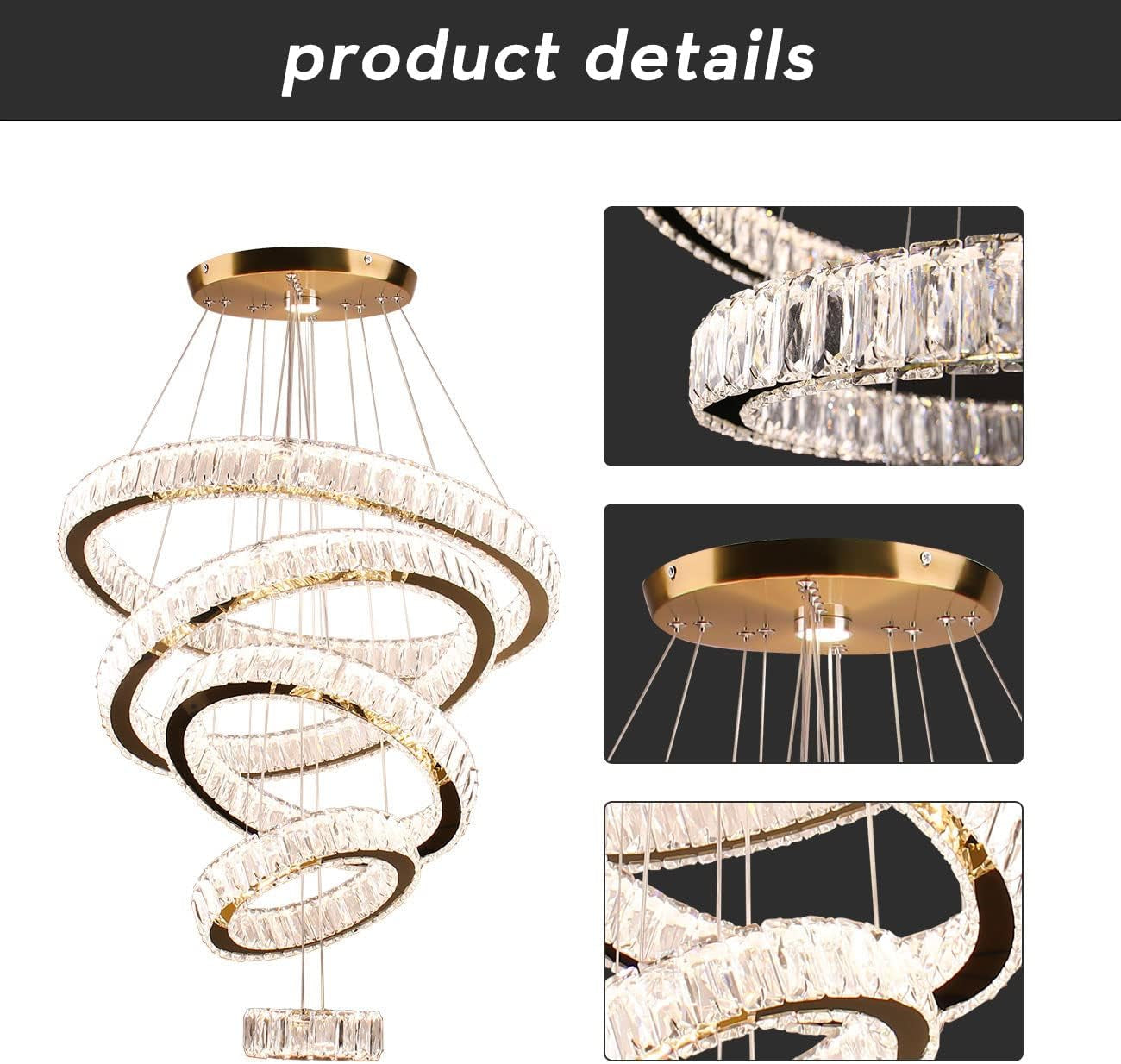 LED Big Crystal Chandeliers Modern 5 Rings Pendant Light Adjustable Ceiling Light for Bedroom Dinning Room Kitchen (Multicolor,Control by Switch)