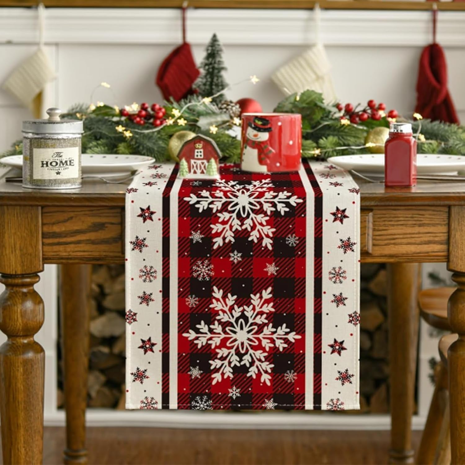 Snowflakes Christmas Table Runner with Buffalo Plaid, Winter Xmas Holiday Kitchen Dining Table Decoration for Indoor Outdoor Home Party Decor 13 X 72