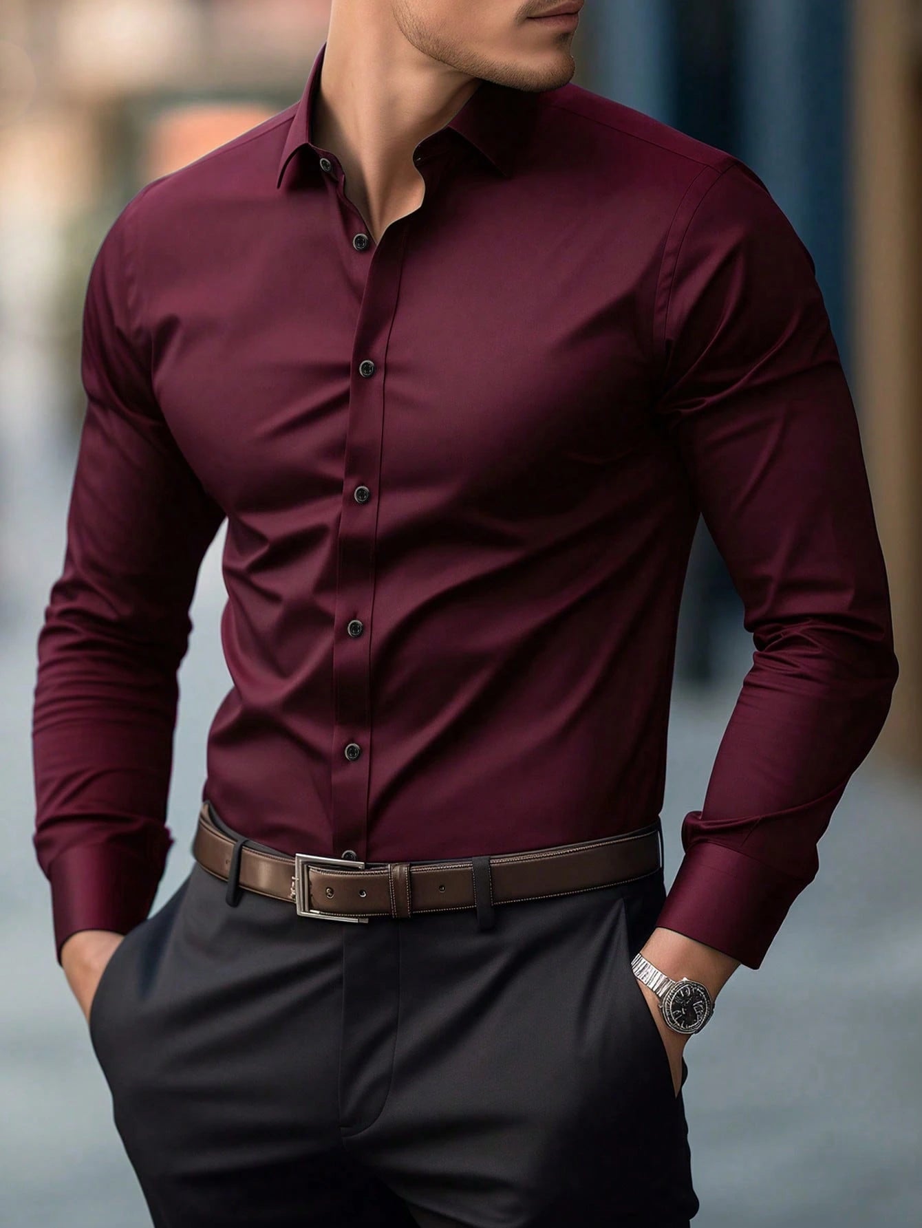 Manfinity Bizformal Men'S Fashion Casual Business Commuting Men'S Stand-Up Collar Solid Color Button Long Sleeve Shirt, Men'S Formal Shirt, Men'S Solid Color Shirt. Suitable for Daily Wear, Commuting to Work, Going Out, Party, Can Be Paired with Suit Pant