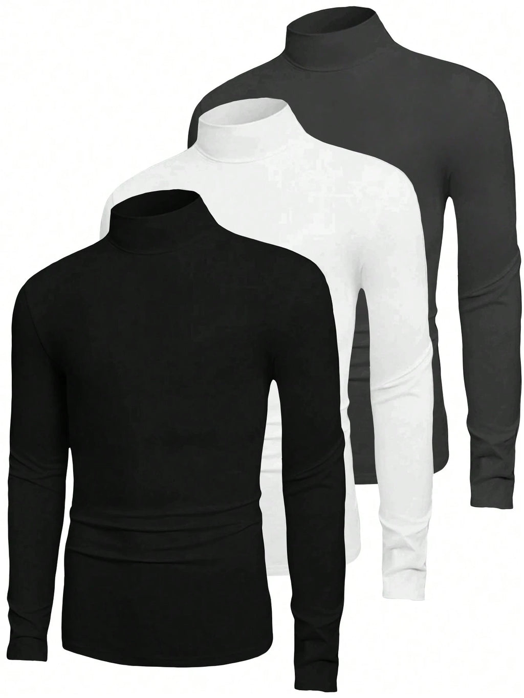 3Pcs/Set Men Solid Color Casual Turtleneck Long Sleeve T-Shirts, Autumn Tees, Fall Clothes