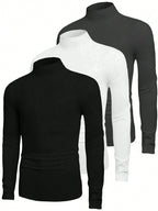 3Pcs/Set Men Solid Color Casual Turtleneck Long Sleeve T-Shirts, Autumn Tees, Fall Clothes