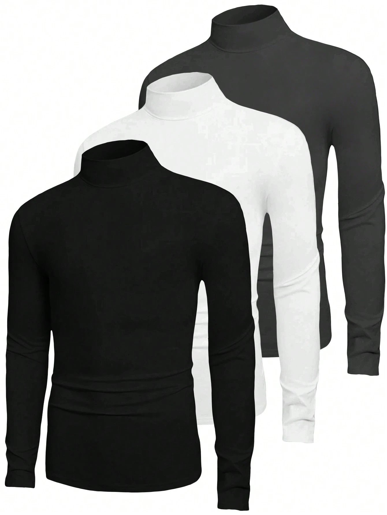 3Pcs/Set Men Solid Color Casual Turtleneck Long Sleeve T-Shirts, Autumn Tees, Fall Clothes