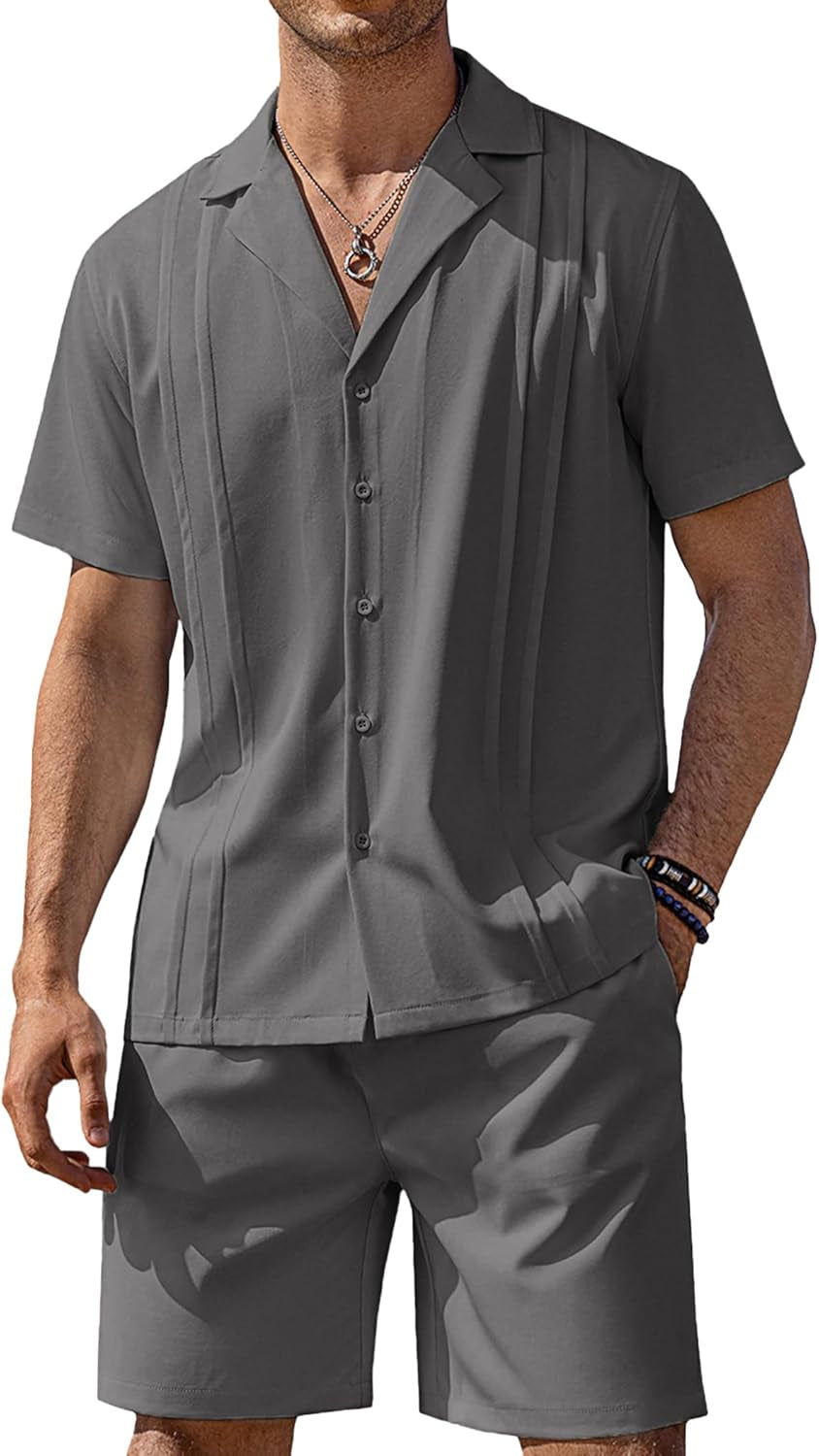 Mens 2 Piece Short Set Guayabera Button down Shirt Casual Summer Beach Outfits