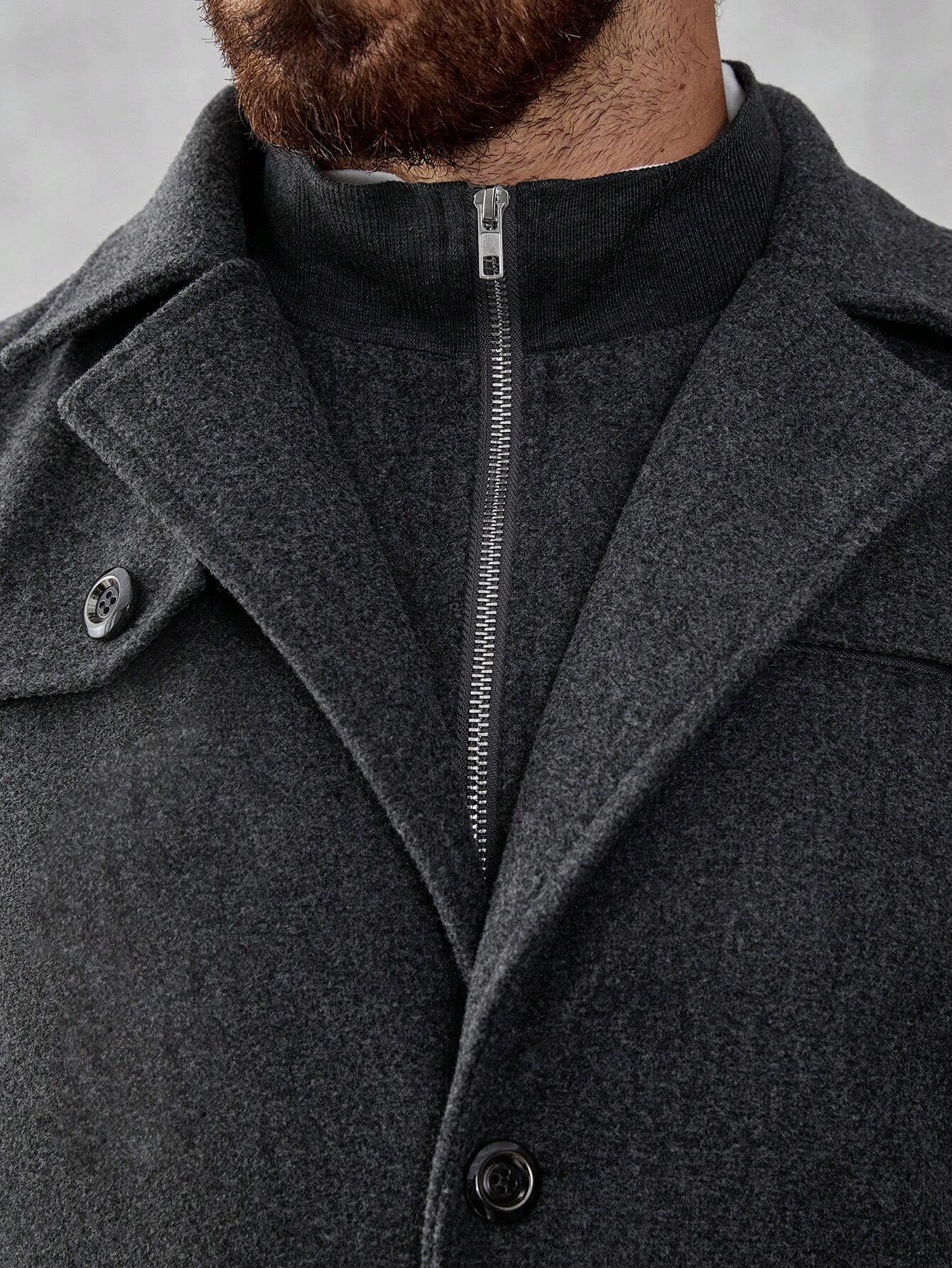 Manfinity Mode Men'S Solid Color Zip Front Casual Loose Autumn Going Out Casual Dark Grey Overcoat, for Friends, Husband, Boyfriend Gifts, Old Money Style