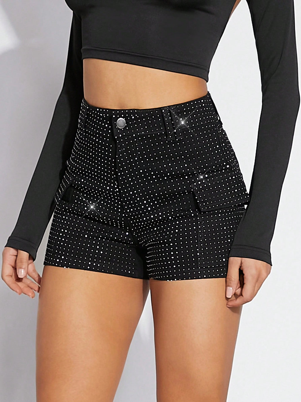Denimoi Women'S Black Rhinestone Dot Flap Pocket Shorts, Denim Shorts, for Going Out, Party, Country Concert Outfit, Rave Festival Outfit, Clubwear