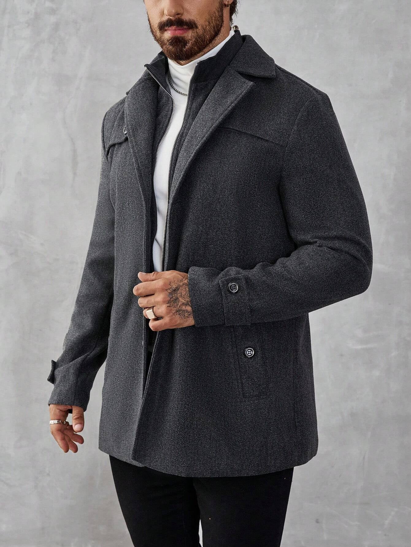 Manfinity Mode Men'S Solid Color Zip Front Casual Loose Autumn Going Out Casual Dark Grey Overcoat, for Friends, Husband, Boyfriend Gifts, Old Money Style