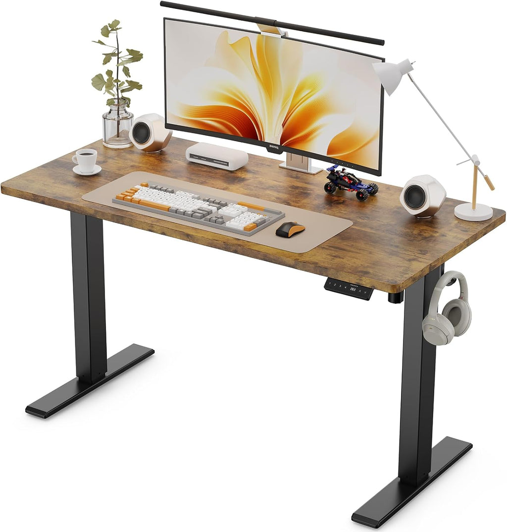 48X24 Inches Height Adjustable Electric Standing Desk with 2 Hooks for Home Office, Ergonomic Sit Stand up Desk with Splice Board, Rustic Brown
