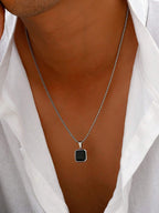 1Pc Simple Punk Black Painted Pendant Necklace with Stainless Steel Chain, Daily and Business Accessory for Men