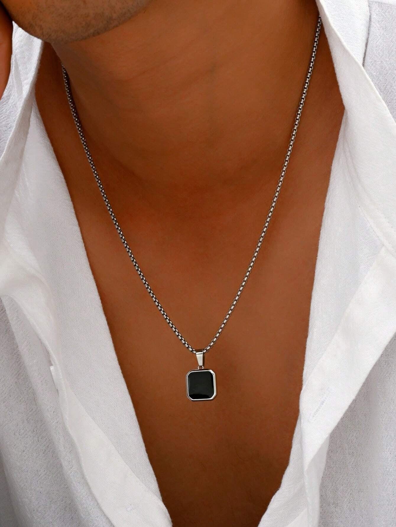 1Pc Simple Punk Black Painted Pendant Necklace with Stainless Steel Chain, Daily and Business Accessory for Men