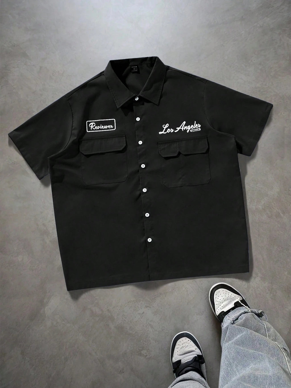 PAVTROS Manfinity Streetrush Manfinity Streetrush Men'S Loose Fit Utility Pocket Design Casual Shirt, Blue Button-Up Short Sleeve Shirt, Multi Pocket Casual Shirt, Graphic Los Angeles Reviewer Mechanic Shirt