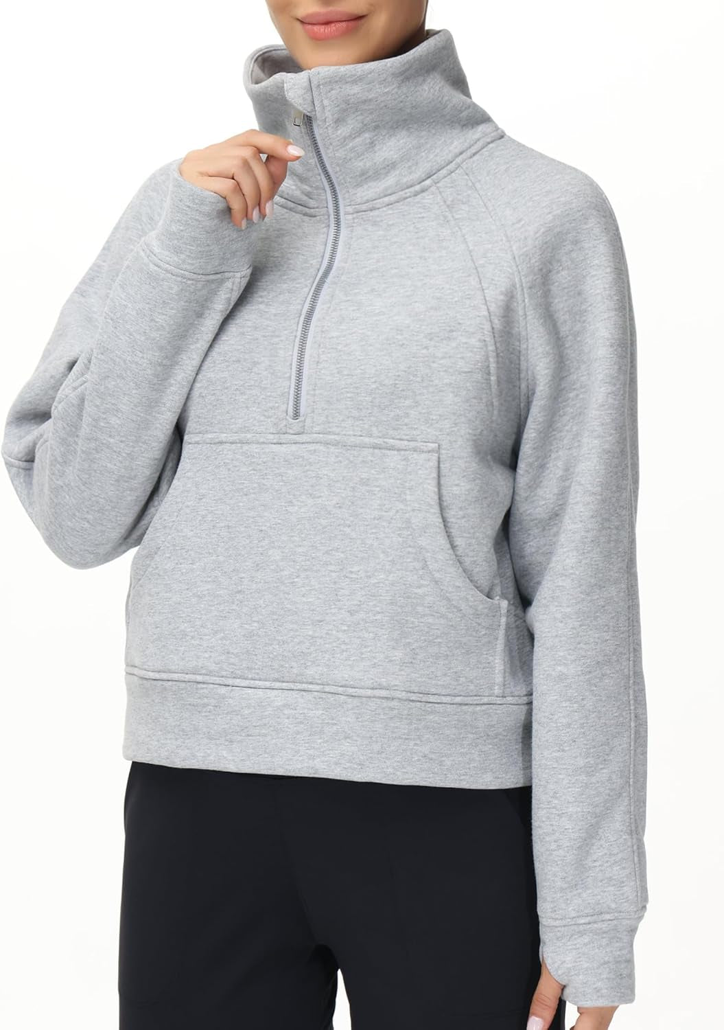 Womens' Half Zip Pullover Fleece Stand Collar Crop Sweatshirt with Pockets Thumb Hole