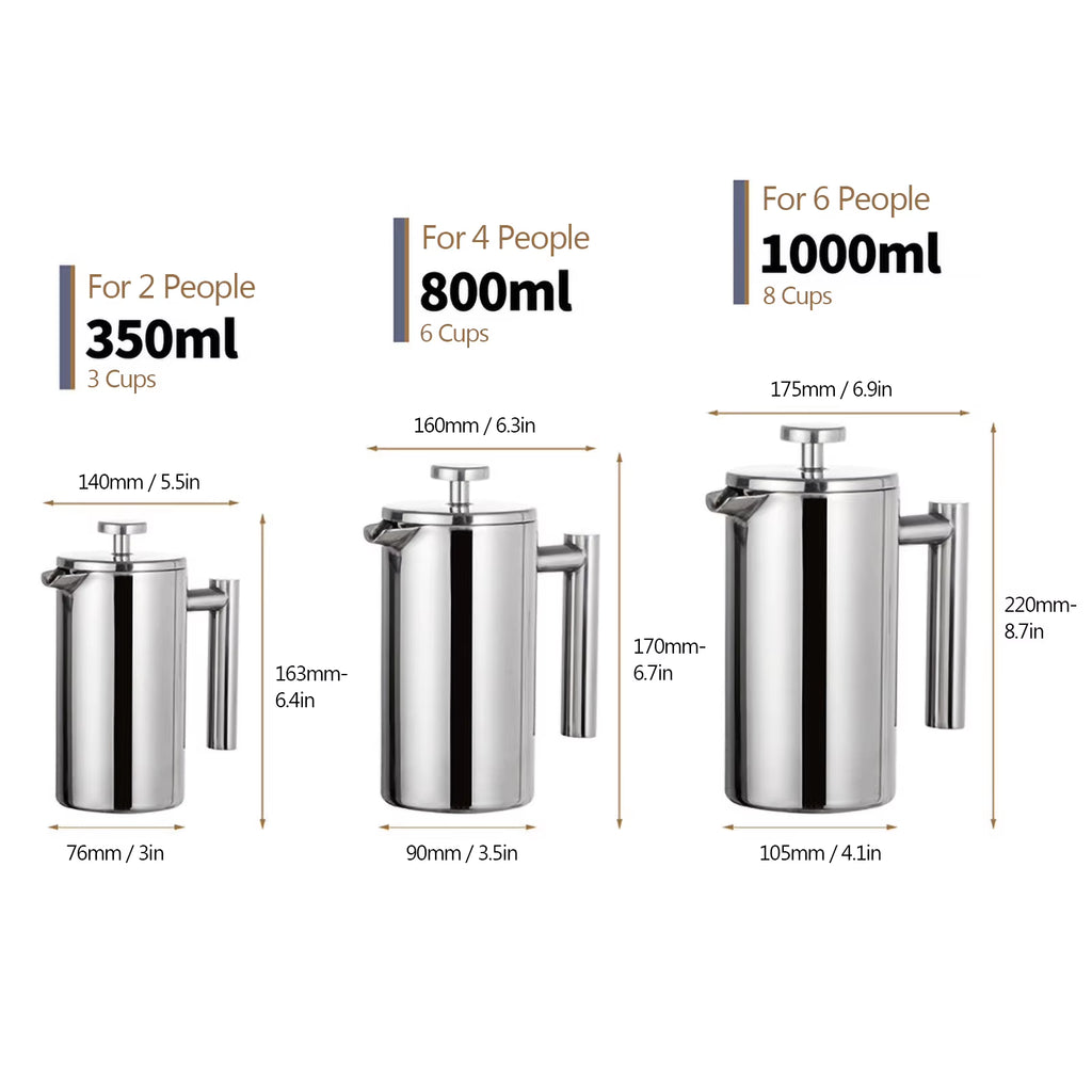 350Ml/800Ml/1000Ml Coffee Maker Pot French Press Coffee Maker Stainless Steel Double Walled Insulated Coffee Maker Pot