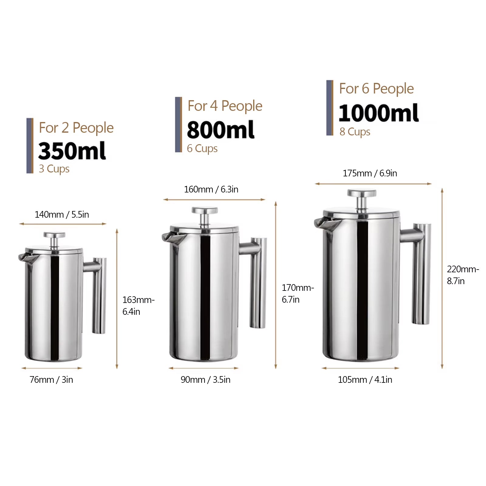 350Ml/800Ml/1000Ml Coffee Maker Pot French Press Coffee Maker Stainless Steel Double Walled Insulated Coffee Maker Pot