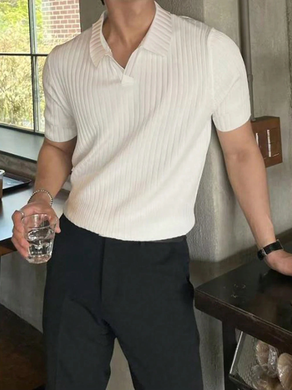 Manfinity Homme Men Ribbed Knit Button Office Plain Casual Polo Shirt, for Husband, Old Money Style