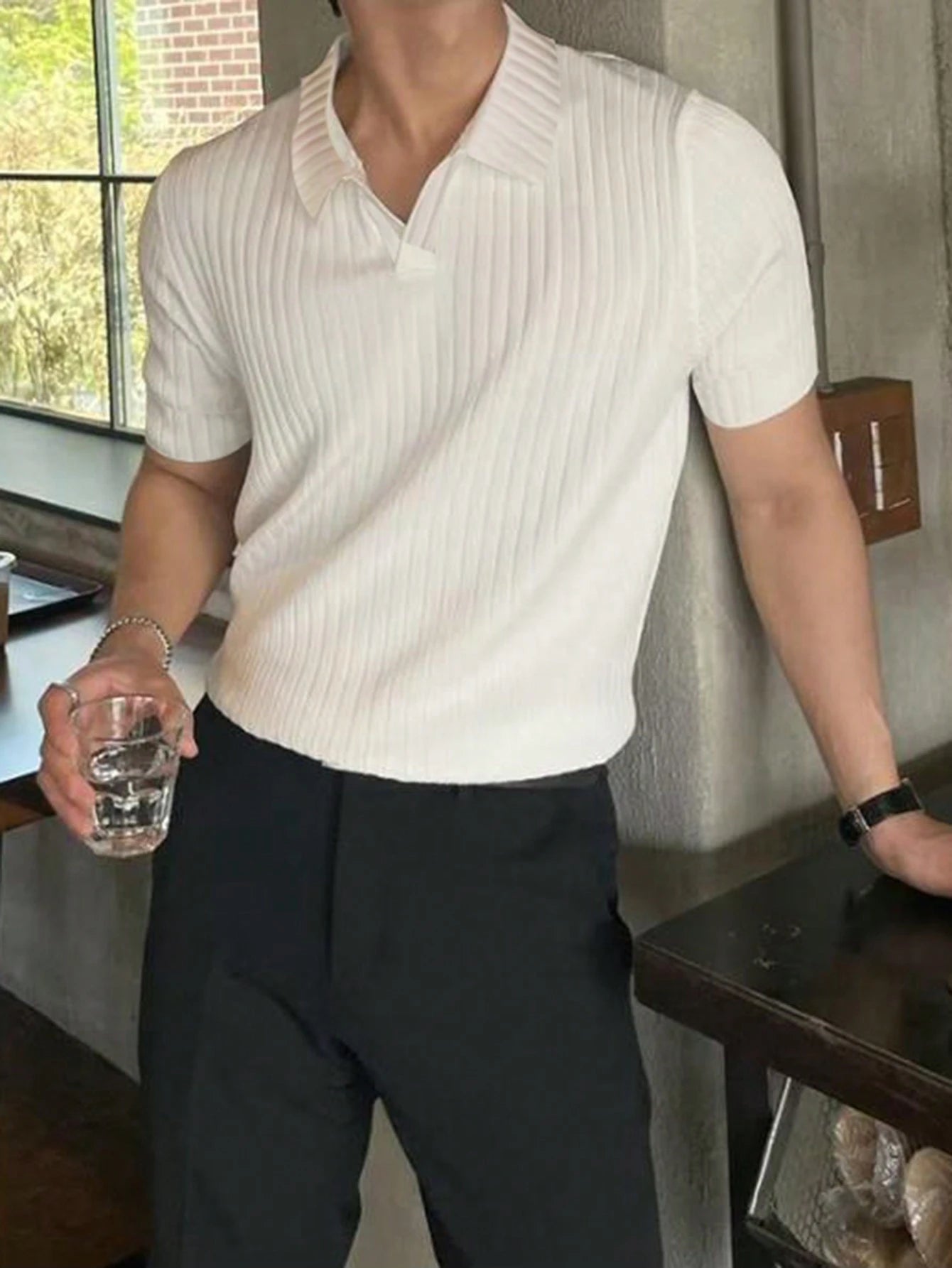 Manfinity Homme Men Ribbed Knit Button Office Plain Casual Polo Shirt, for Husband, Old Money Style