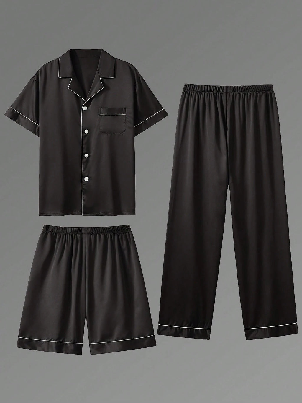 3Pcs Casual Men'S Short Sleeve T-Shirt, Shorts & Pants 3 Pieces Pajama Set