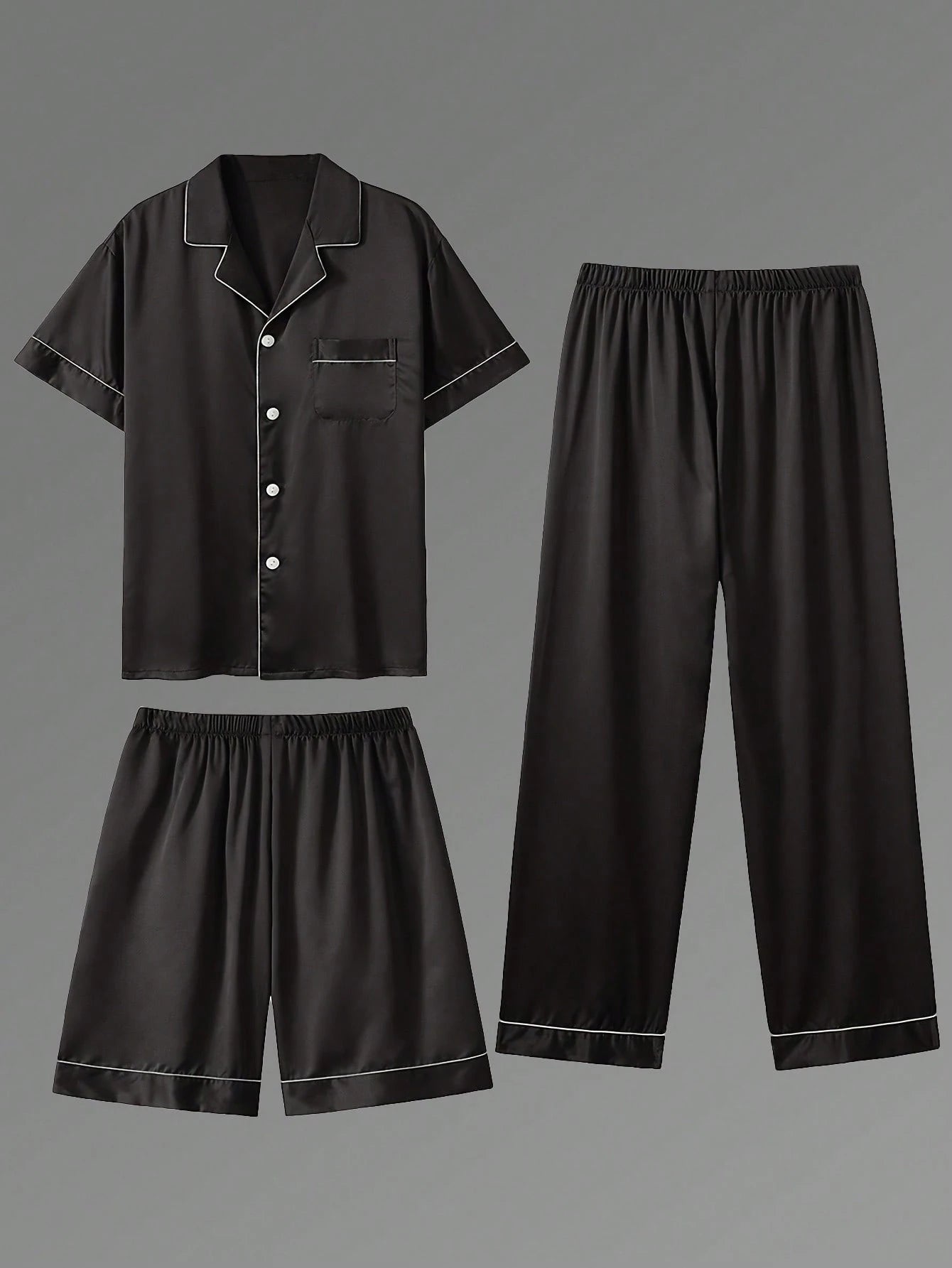 3Pcs Casual Men'S Short Sleeve T-Shirt, Shorts & Pants 3 Pieces Pajama Set