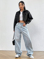 Ezwear 1Pc Flap Detail Drop Shoulder Crop PU Leather Jacket,Ladies Late Fall Casual Button Drop Shoulder Collar Regular Fit Black Plain Women Jackets,Outdoor Activities