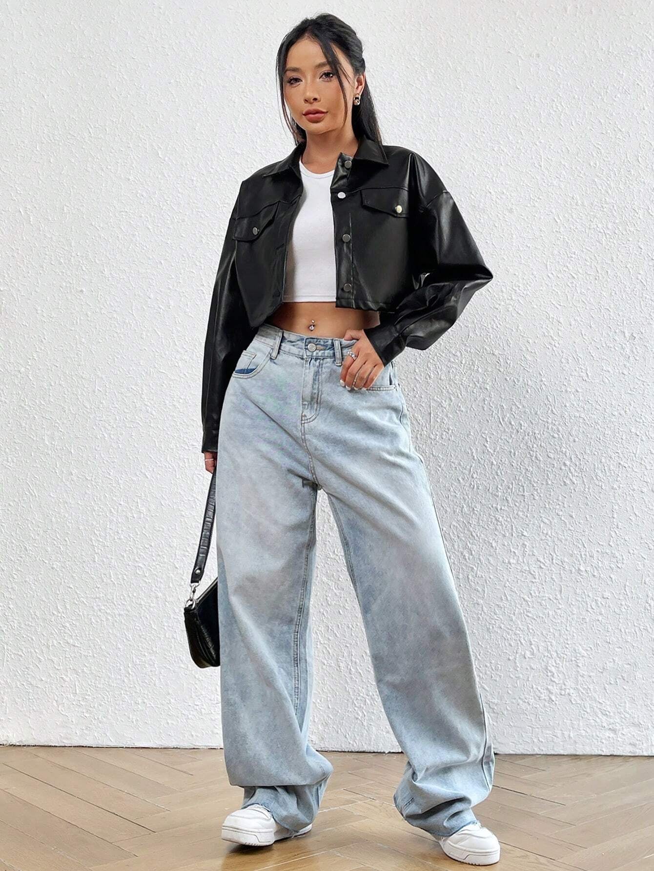 Ezwear 1Pc Flap Detail Drop Shoulder Crop PU Leather Jacket,Ladies Late Fall Casual Button Drop Shoulder Collar Regular Fit Black Plain Women Jackets,Outdoor Activities