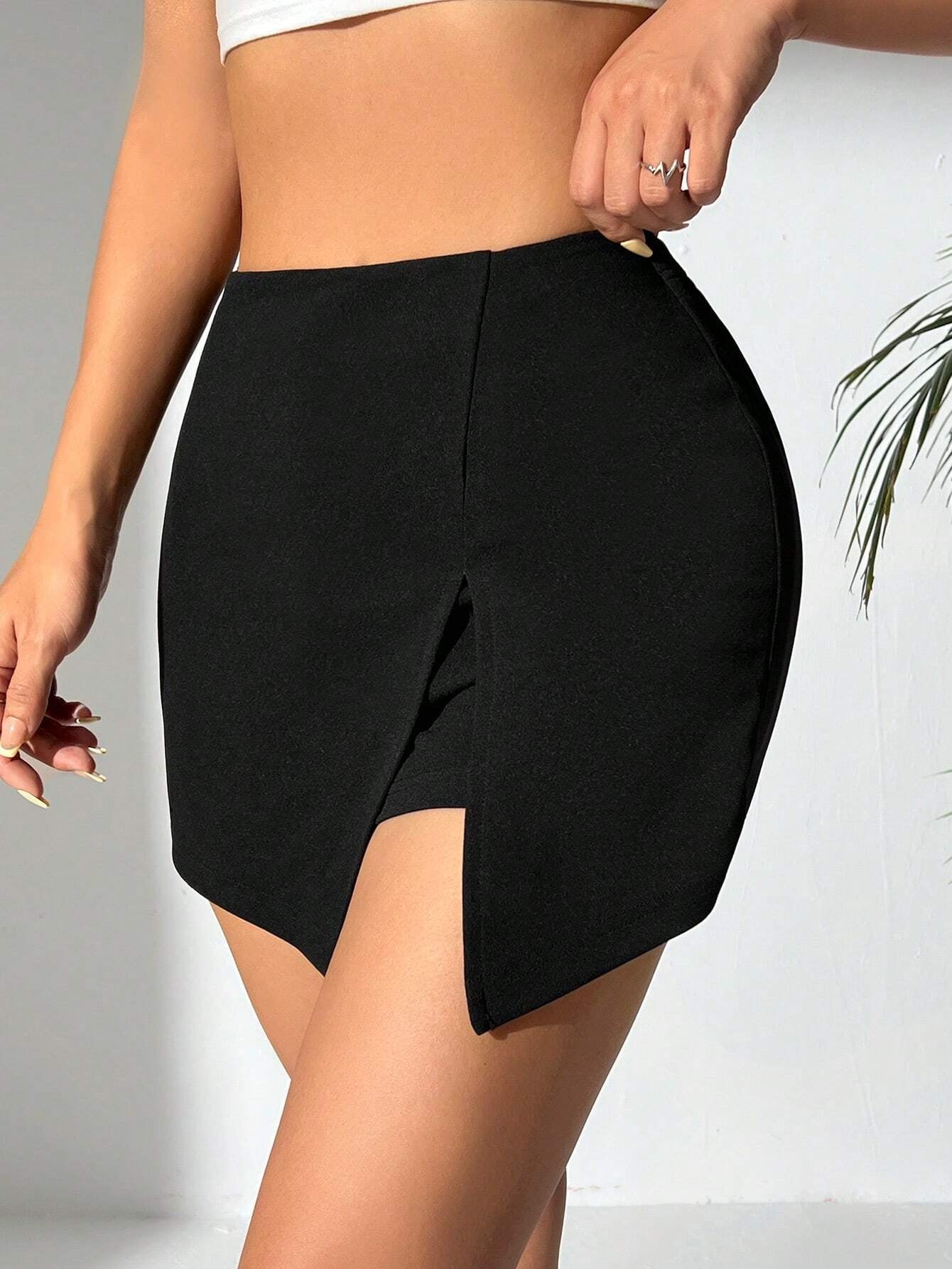 PETITE Elastic Waist Front Slit Mini Skirt Shorts