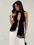 Aloruh Women Sexy Asymmetric Hem Backless Halter Neck Top,Rave Top