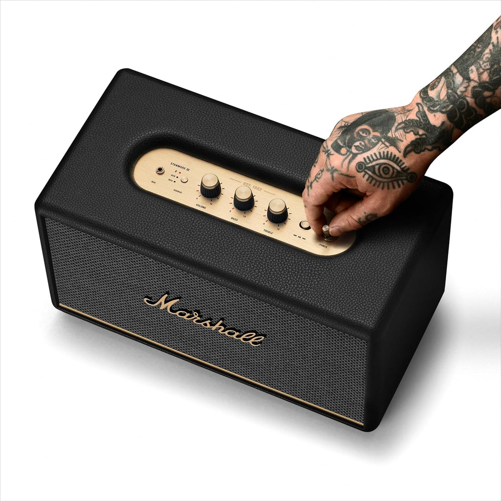 Stanmore III Bluetooth Home Speaker - Loud Stereo Sound with Bass and Treble Controls | Plug-In Powered | Record Player Compatible | RCA and 3.5 Mm Aux Inputs - Black