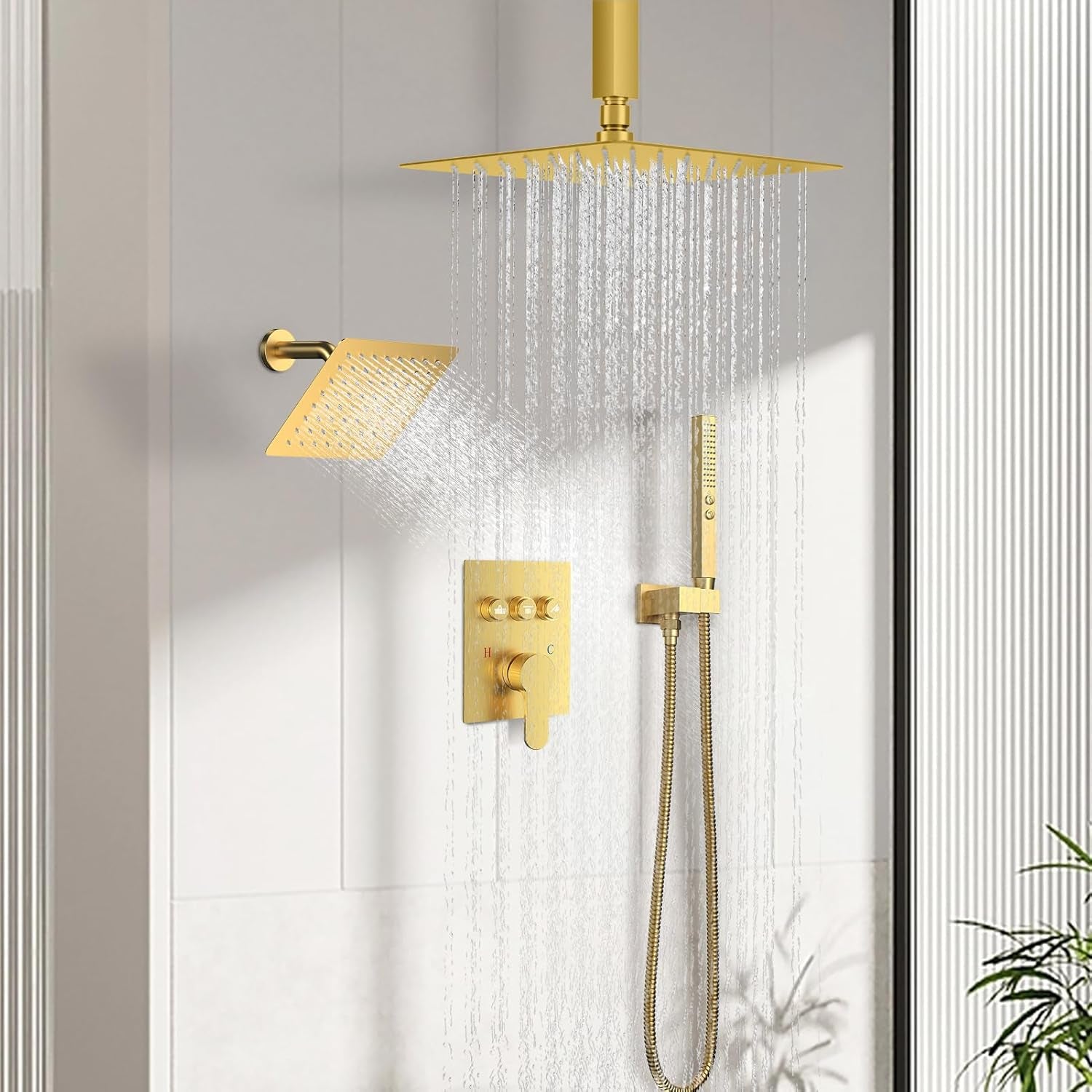 Brushed Gold Shower System,  Ceiling Mounted 12+8 Inch Rainfall Shower Head with 2 in 1 High Pressure Handheld, Can Use All at Once, Push Button Diverter Pressure Balancing Valve with Trim Kit