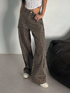 DAZY Women'S Leopard Print Loose Pocket Casual Versatile Denim Jeans Y2K