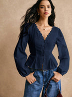 PoéSelle Cotton Elegant Lace Trimmed Waist Button Detail Shirt, Long Sleeve Shirt, Waist Shirt, Lace Top, Lace Shirt, Cotton Shirt, Elegant Waist Detail, for Everyday Work Outing Effortless Chic Essential, FW24, Fall Womenswear