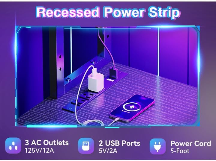 L Shaped Desk Gaming Desk with LED Light & Power Outlet, 53 Inch Reversible L Shaped Computer Table with Shelf & Storage Bag & Hook for Home Office, Black