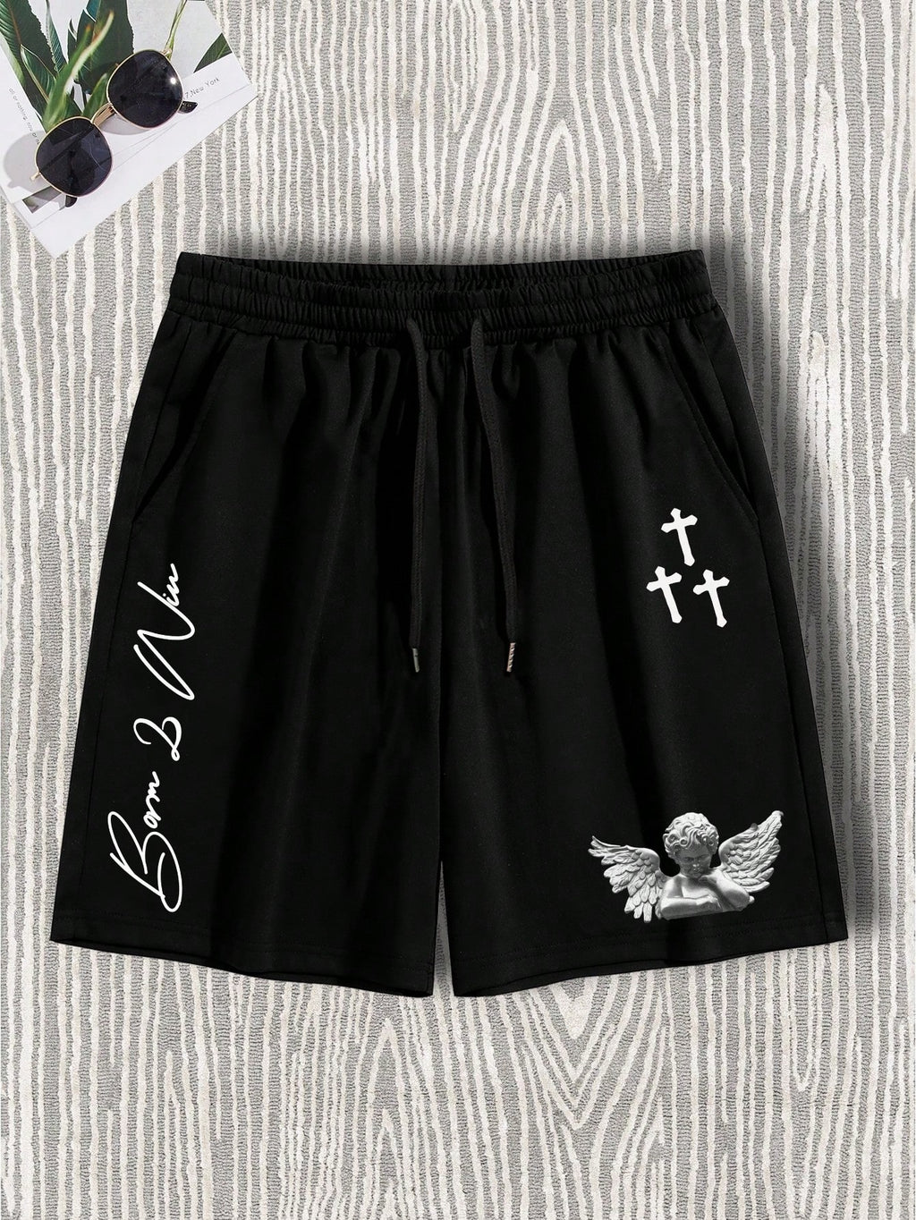 Manfinity Roghcode Men Angel & Letter Graphic Drawstring Waist Shorts