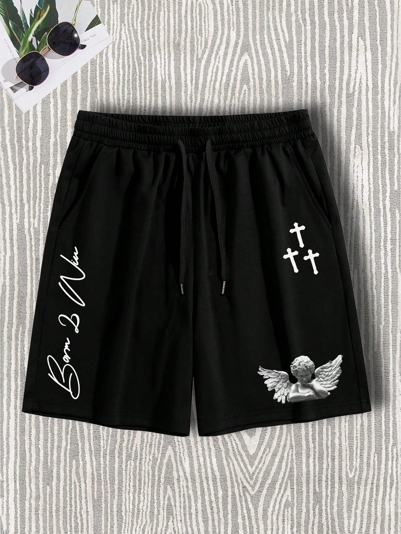 Manfinity Roghcode Men Angel & Letter Graphic Drawstring Waist Shorts